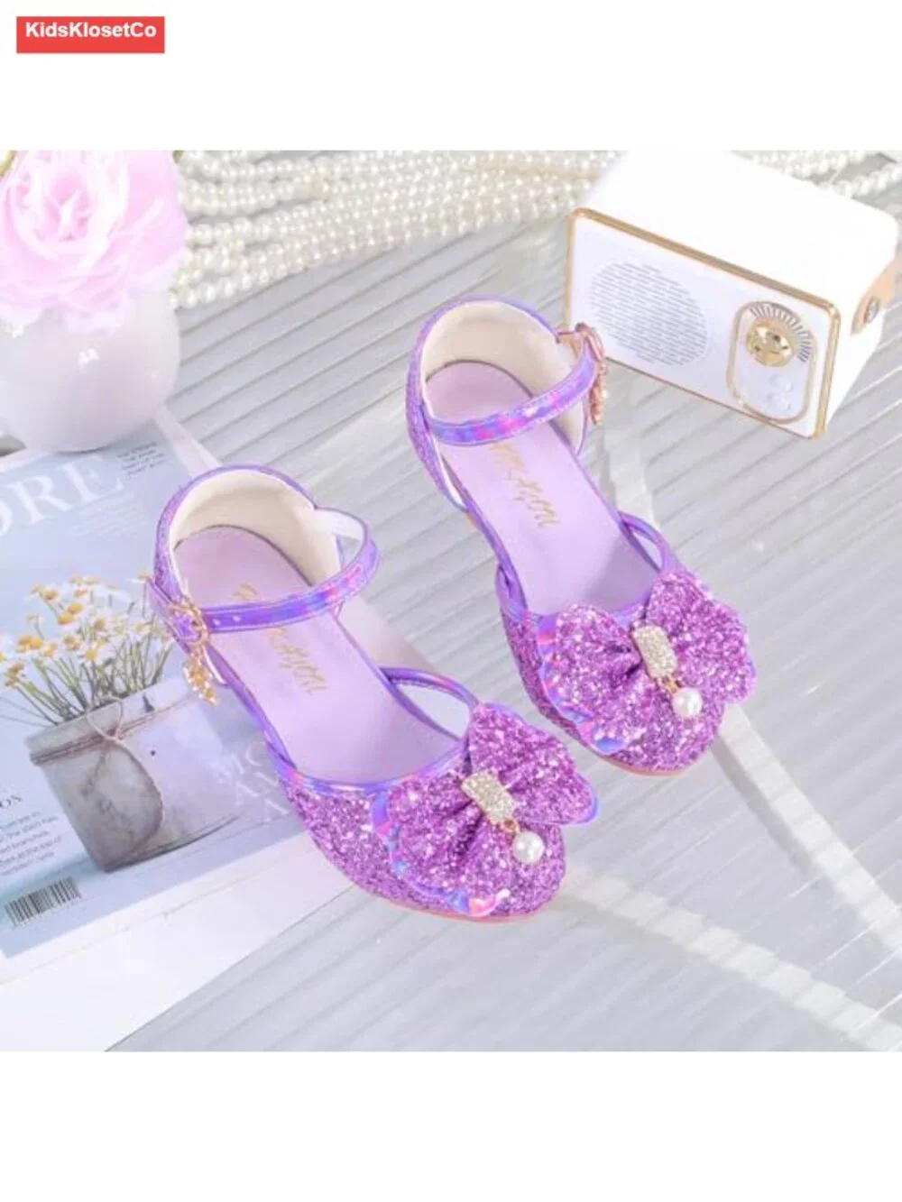 Girls Glitter Sequin Mary Jane Flats with Bow PU Leather Dress Shoes